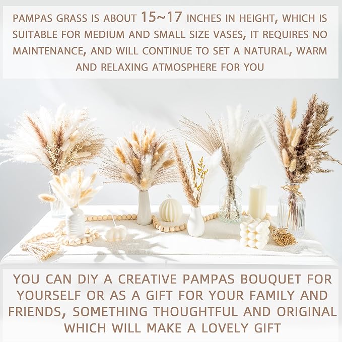 96PCS Natural Dried Pampas Grass Boho Home Decor Bouquet Phragmites Dried Flowers Bouquet for Wedding Floral Arrangements Home Decorations (96PCS)