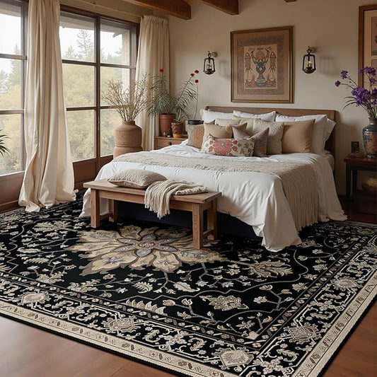 RELEANY Area Rugs 7'x9' Washable Non-Slip, Floral Vintage Distress Medallion Carpet for Living Room Bedroom Dining Room, Black Brown Neutral Dark Tan