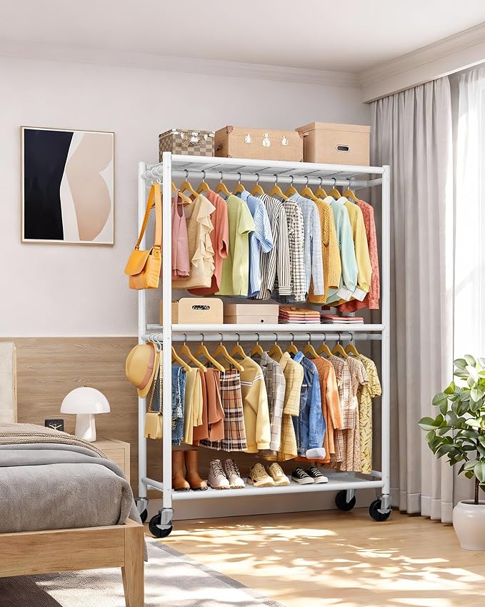 Sakugi Clothes Rack - Double Hanging Rod Clothing Rack with Wheels & Leveling Feet, Large Capacity Wardrobe Closet with Shelves for Bedroom, Laundry Room, Entryway, 45.2" x 12.6" x 80.7", White