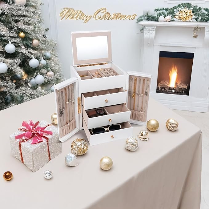 Dajasan Large Jewelry Box for Women, Jewelry Holder Organizer Box with 3 Drawers, 4-Tier Jewelry Storage Organizer with Mirror for Necklace Ring Bracelet Watch, Gift Idea (White)