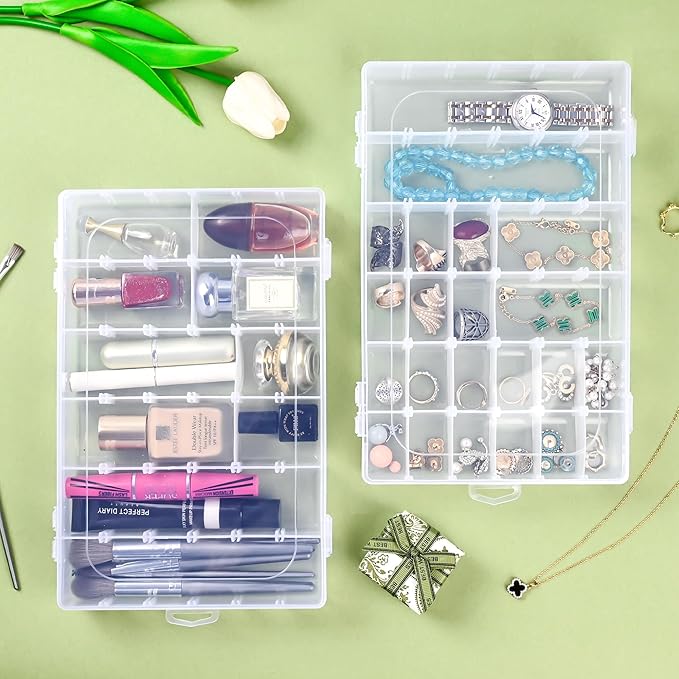 MERATIA Plastic Organizer Container Box,36 Large Grids Clear Plastic Organizer Box with Adjustable Dividers Craft Organizers (Clear-4pack-144 Grids)