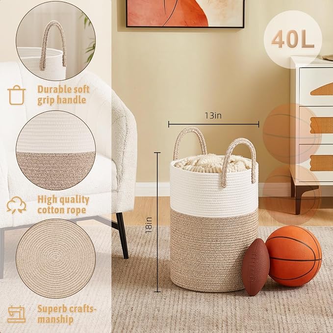 Artfeel Laundry Basket,Woven Cotton Rope Laundry Hamper,40L for Decorative Storage of Dirty Clothes,Toys and Blankets in Bathroom,Baby Room and Living Room