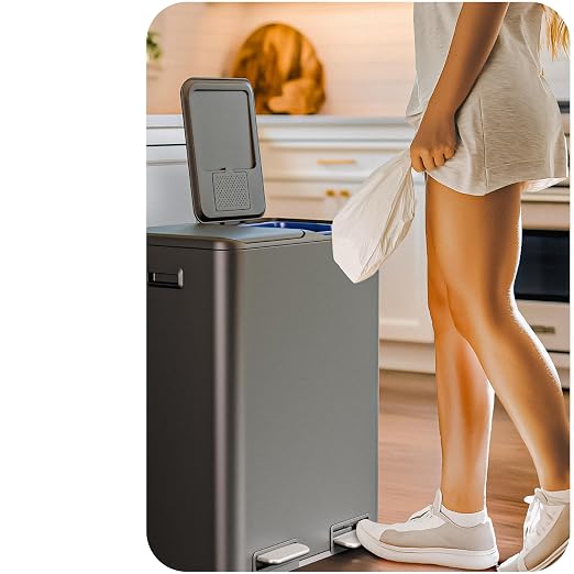 Home Zone Living 16 Gallon Kitchen Trash Can with Dual Compartments for Recycling, Stainless Steel, Matte Black, 60 Liters Total