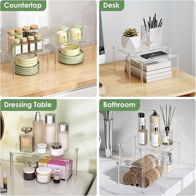 Delamu Cabinet Shelves, Clear Stackable Acrylic Storage Risers with Heavy Duty Support, Cabinet Organizer Shelf for Spices, Seasonings, Jars, Pantry, Kitchen Counter, Easy Assembly