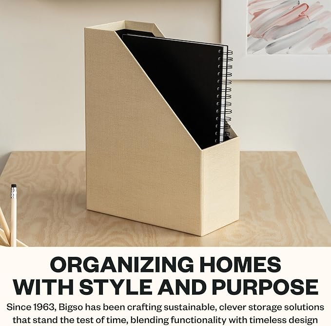 Bigso Estelle Magazine File - Magazine Holder and Organizer for Papers and Catalogs with Leather Handle - Magazine File Holder for Office Desks - 12.6 in x 4.5 in x 9.8 in - Cream