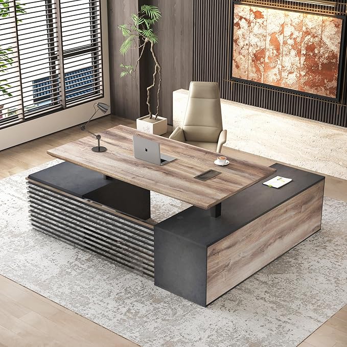 SAINTCY 86.61In L Shaped Executive Standing Desk with Drawers, Large Modern Adjustable Heigh Home Office Desk w/Universal Charging Ports, Business Workstation, Black and Warm Oak