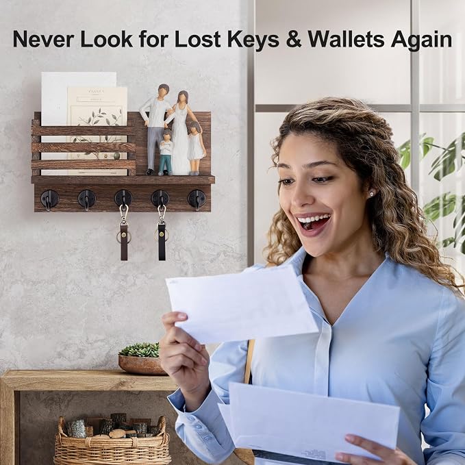 Lwenki Key Holder for Wall – Decorative Wooden Mail Holder and Key Shelf with Mounting Hardware, Installation Guide – Paulownia Wood with Metal Key Hooks (Brown, Large - 11.8inch)