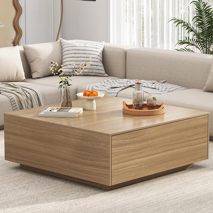 47” Square Coffee Table with Storage, 47" D x 47" W x 17" H Modern Large Square Center Table with 2 Drawers,Wood Coffee Table for Living Room,Bedroom(Light Brown)