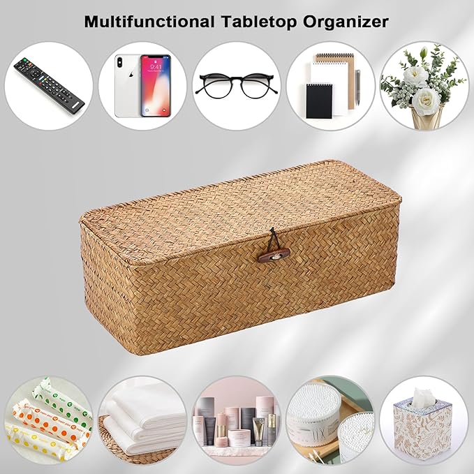 Sumnacon Small Woven Basket for Shelf, Wicker Shelves Storage Baskets with Sections Seagrass Storage Bin with Lid for Tampon Toiletry Rectangular Storage Basket for Bathroom Table Desk Caramel