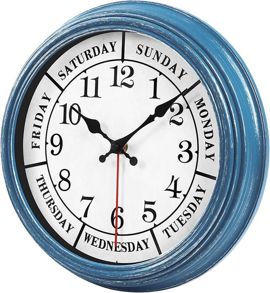 JENLYSTIME 12 Inch Retro Wall Clock,Classic Day of The Week Wall Clock,Silent Non Ticking Battery Operated Movement(Blue)