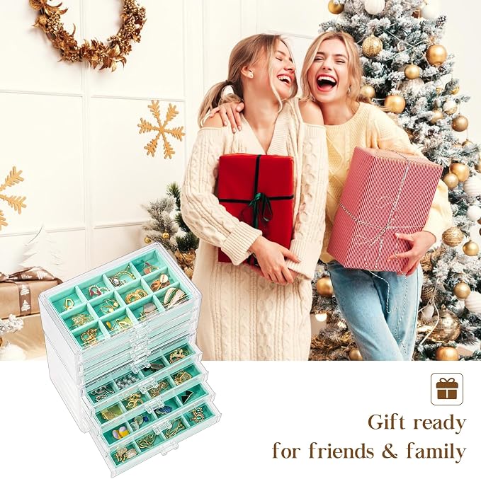 ProCase Earring Holder Organizer Jewelry Box with 8 Drawers, Acrylic Clear Earring Case with Adjustable Velvet Trays for Women - Aqua, 8 Layers