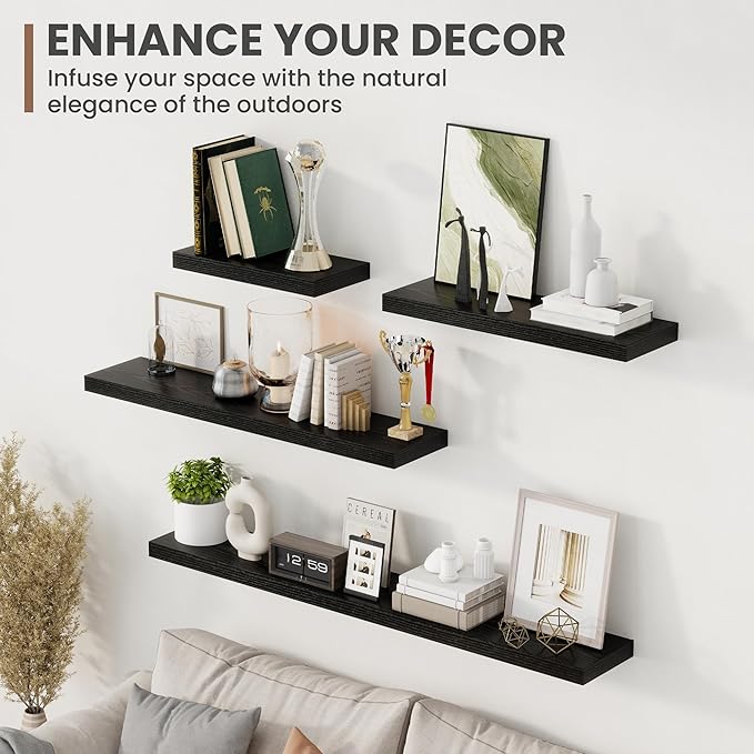Acovy 24 Inch Floating Shelves, 8 Inch Deep Floating Shelves for Wall, Hanging Shelf with Invisible Brackets, Deep Shelves for Bathroom, Bedroom, Living Room, Black, Set of 2