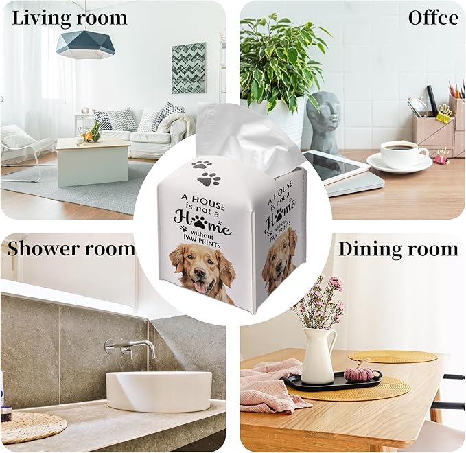 Grace Yonks Cute Golden Retriever Tissue Box Cover Square, Golden Retriever Dog Cube Case for Facial Tissues, 5.2" PU Leather(031)