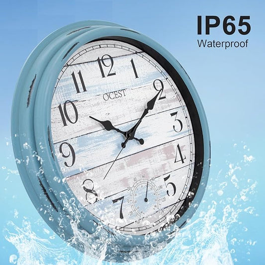 OCEST 16 Inch Indoor Outdoor Clock, Waterproof Large Wall Clock with Thermometer, Silent Non-Ticking Battery Operated Decor for Patio Pool Porch Garden Garage(Blue)