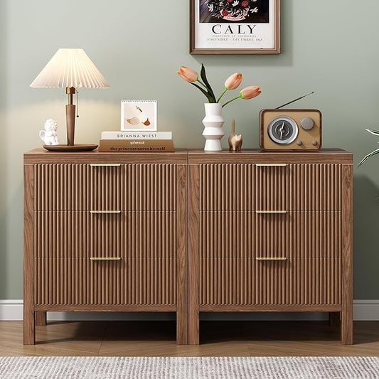 Nightstand with 6 Drawers, Dresser and Nightstand Sets, Bedside Tables, Mid Century Nightstands with 6 Wide Drawers for Bedroom, Kids’ Room, Hallway, (Walnut X 2pcs)