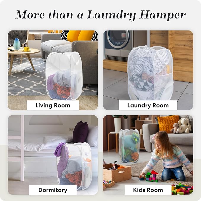 Pop Up Hamper, Collapsible Mesh Laundry Basket - Handy Laundry 71L Foldable Clothes Hamper with Reinforced Handles, Wide Opening and Side Pocket for Dorm, Travel, Cruise, Bedroom (White)