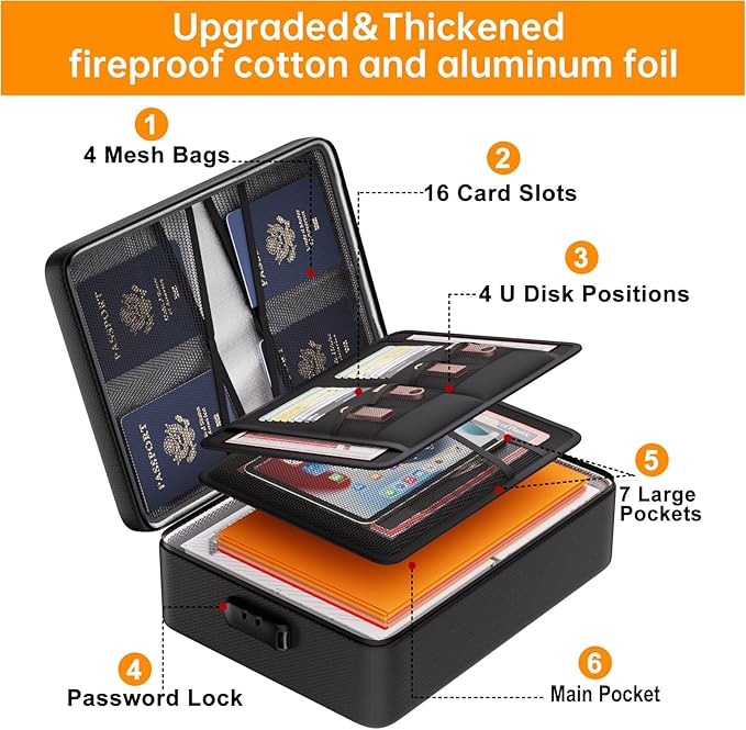 DocSafe 5200°F Document Organizer with Lock, Upgraded Heat Insulated Fireproof&Water-Resistant Box 8 Layers File Organizer, Portable Home Travel Safe Storage for Important Documents, Files and More