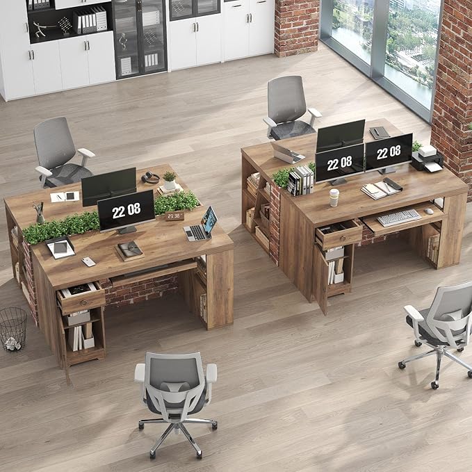 HSH 55 Inch Executive Office Desk with Drawers, Farmhouse Computer Desk with Keyboard Tray and Storage, Rustic Wood Work Study Writing Pc Table Studio Desks Home Workstation with Shelves and Cabinet