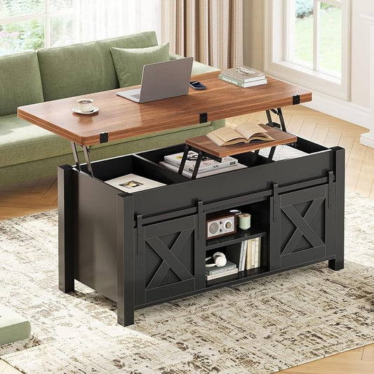 SEDETA Lift Top Coffee Table, 4 in 1 Multi-Function Convertible Coffee Tables with Storage and Hidden Compartment, Farmhouse Coffee Table Converts to Dining Table for Living Room, Black Brown