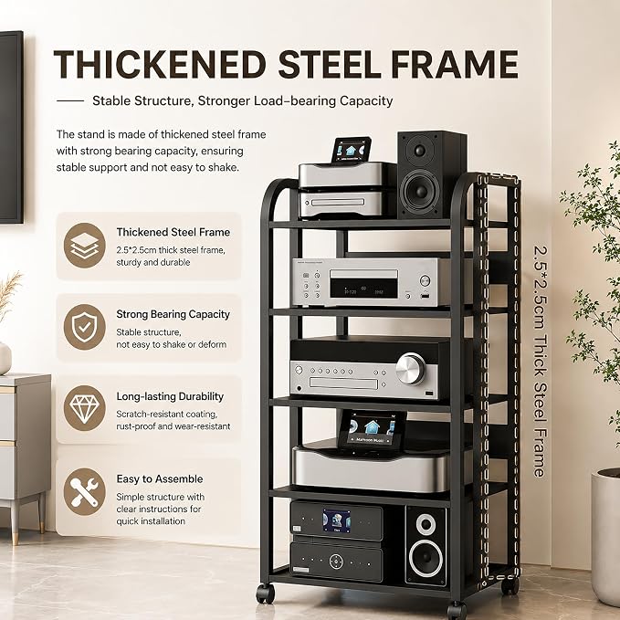 5-Tier Av Media Stand with Wheels, Audio Tower Rack with Adjustable Shelves, Stereo Racks and Stands with Storage Shelves, Media Console for Home, Office, Theater, Black