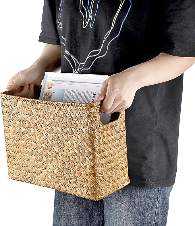 BTSKY Handwoven Magazine Holder, Natural Seagrass Magazine Basket with Metal Rack, Mail Holder Floor Organizer for Office, Living Room, Dorm, Bathroom, Woven Rattan File Basket with Handle(Caramel)