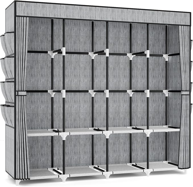 Portable Closet for Hanging Clothes, 67 Inch Wide Portable Wardrobe Closet with Cover, 4 Hanging Rod, Storage Shelves and Side Pockets, Large Free Standing Closet for Bedroom, Printing