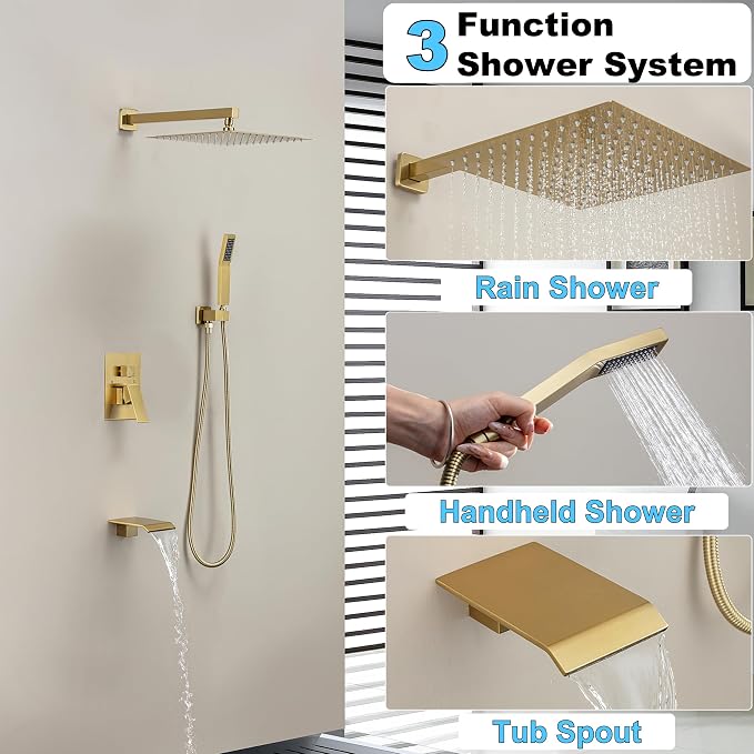 Brushed Gold Shower System with 12-Inch Rain Showerhead and Tub Spout | cUPC-certified pressure balance brass valve to prevent scalding, CEC-certified air injection technology for low pressure