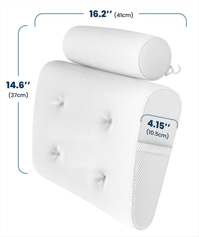 Everlasting Comfort Luxury Bath Pillows for Tub with Head and Neck Support - Non-Slip Bathtub Pillow with Suction Cups, Quick-Drying Mesh & Drying Hook - Jacuzzi & Spa Accessories for Women - White