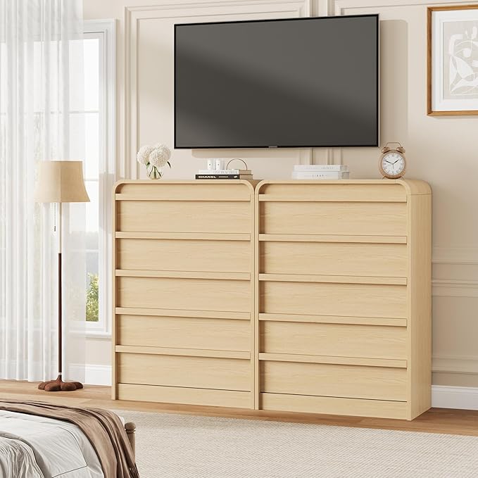GarveeHome Arched 5 Drawer Dresser for Bedroom, 45in Tall Wooden 5 Chest of Drawers with Curved Profile Design, Modern Closet Storage Organizer for Living Room, Entryway, Nursery - Natural Oak