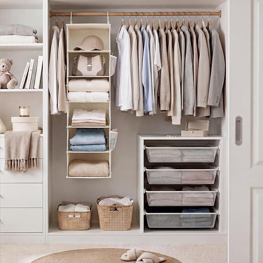 StorageWorks 6-Shelf Hanging Closet Organizer, Hanging Shelves for Closet, Fabric, Mixing of Beige, White & Ivory, 12" D x 12" W x 47 1⁄2" H