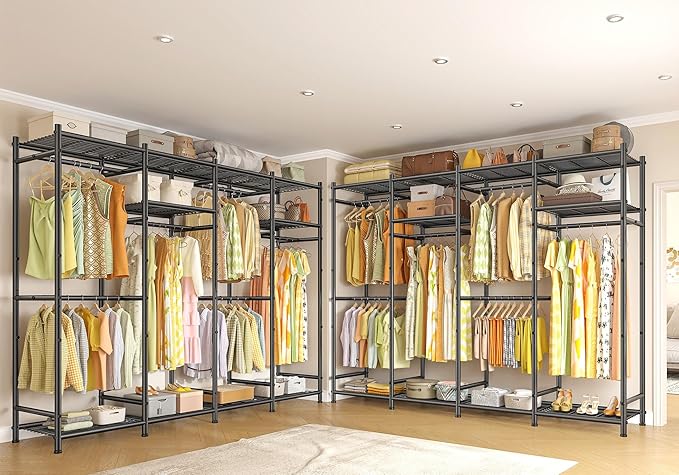 Raybee Portable Closet,Clothes Rack with 6 Hang Rods & 10 Shelves,Clothing Racks for Hanging Clothes,Metal Garment Rack for Bedroom,Large Capacity,Adjustable,Stury 77.9" W x 15.7" D x 76.8" H Black