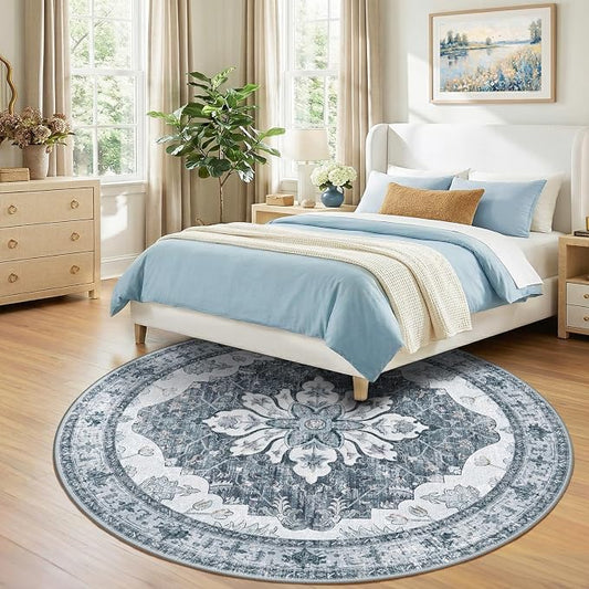 RELEANY Area Rugs Round 10ft Washable Non-Slip, Floral Vintage Distress Medallion Carpet for Living Room Bedroom Dining Room, Light Gray Grey White