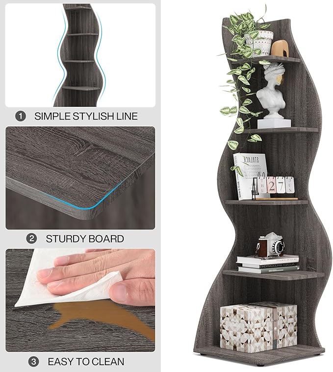 Tribesigns Corner Shelf, Modern 5-Tier Wall Corner Bookshelf, Stylish Corner Small Bookcase Storage Rack Plant Stand with Unique Shape for Living Room, Home Office(Gray, 2PCS)