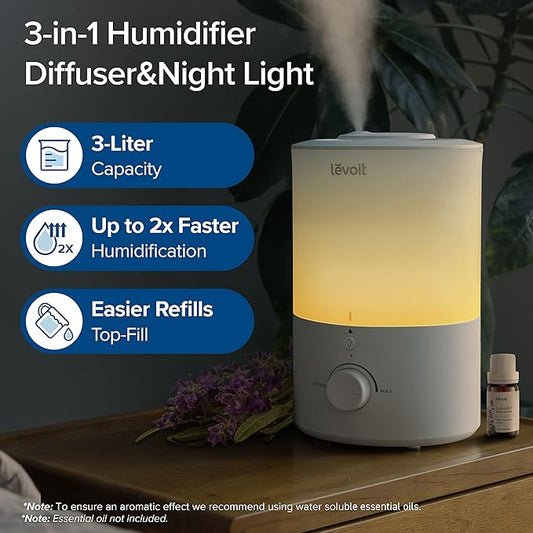 LEVOIT Humidifiers for Bedroom with Night Light(3L Water Tank)Cool Mist Top Fill Essential Oil Diffuser for Baby Nursery and Plants, 360Β° Nozzle, Quiet, Rapid Humidification for Home Large Room, White