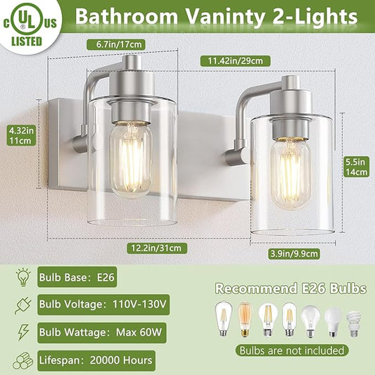 Brushed Nickel Bathroom Light Fixtures, Wall Mounted 2-Light Bathroom Lights Over Mirror with Clear Glass Shade,Wall Sconces for Kitchen Living Room Bedroom