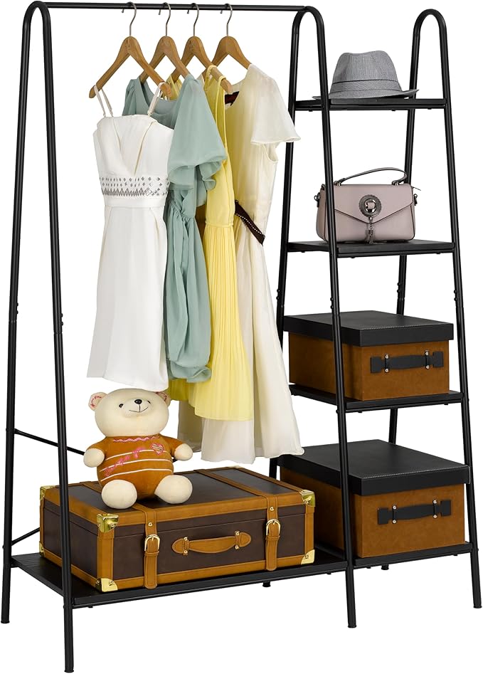 Finnhomy Rustic Clothes Rack, Clothing Rack for Hanging Clothes Heavy Duty Garment Rack with 5 Wood Shelves Freestanding Portable Closet Organizer for Bedroom/Entryway/Boutiques,Matte Black