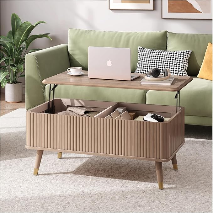 SULIVES Lift Top Coffee Table with Storage,Fluted Coffee Table with Lifting Top,Mid Century Modern Center Table with Solid Wood Legs,Small Coffee Tables for Living Room,Oak