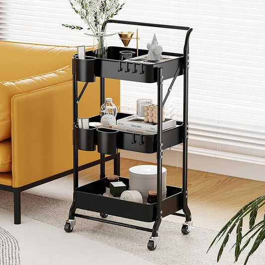 3 Tier Foldable Rolling Cart with Wheels, Folding Utility Cart Organizer, Collapsible Rolling Storage Cart with 3 Hanging Cups & 6 Hooks for Kitchen, Office, Nursery(Black)