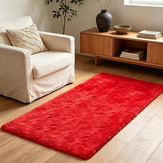 Shag Runner Rug for Bedroom Living Room 2x6 Upgrade Non-Slip Fluffy Soft Bedside Rugs,Red Shaggy Carpet for Livingroom Dorm Home Decor Aesthetic