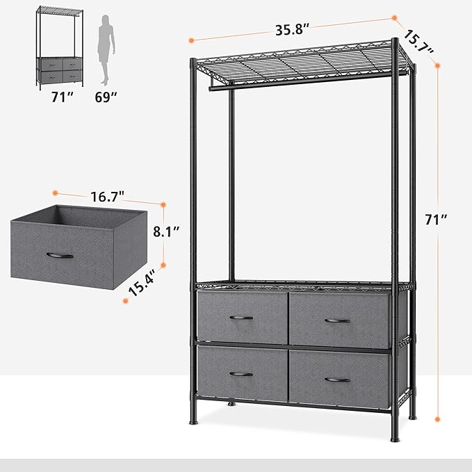 Raybee Clothes Rack with 4 Drawers and Shelves,Heavy Duty Clothing Rack for Hanging Clothes,Portable,Sturdy and Durable,Black