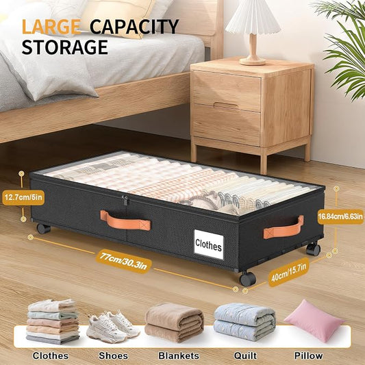 Under Bed Storage Containers with Wheels Large Underbed Shoes Blankets Clothes Toy Storage Drawers for College Dorms Bedrooms Nursery Rooms Organization (Black 2 Pack, 6.6in height(30.3"x15.7"x6.6"))