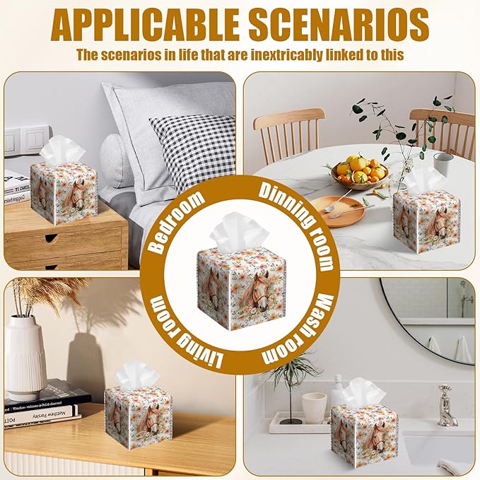 Horse Floral Tissue Box Cover 2PCS, Leather Tissue Box Holder Square Facial Paper Case Tissue Box Cube Organizer for Bathroom Bedroom Desk Office