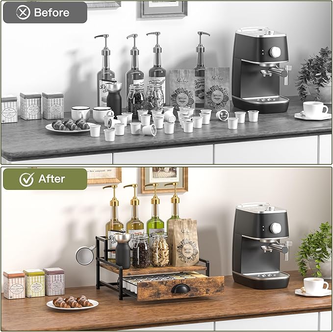 Coffee Syrup Rack Organizer, 2 Tier Countertop Storage Shelves with 35 K Cup Drawer, 8 Syrup Bottle Stand Holder for Wine, Kitchen Coffee Station Organizer Rack, Rustic Brown