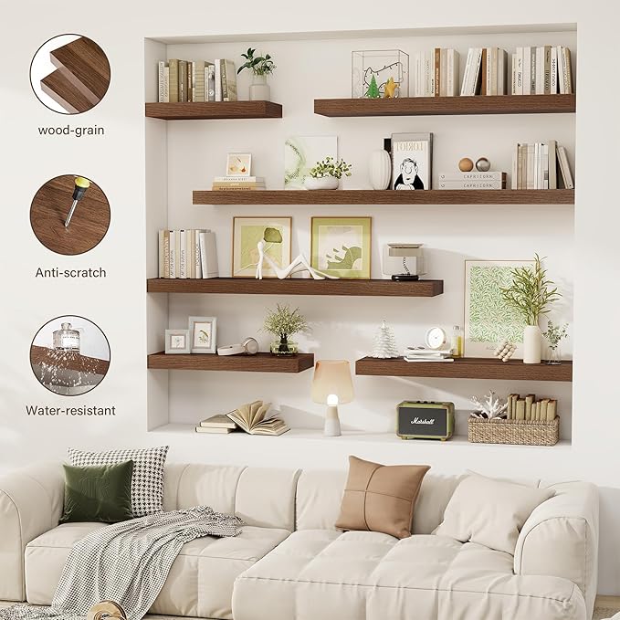 Acovy 30 Inch Floating Shelves, 12" Deep Floating Shelf Wall Mounted, 30" Wall Shelves, Rustic Deep Bookshelf, Extra Deeper & Thicker Display Shelves for Bedroom, Living Room, Walnut, Set of 2