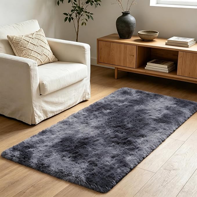 Shag Runner Rug for Bedroom Living Room 3x7 Upgrade Non-Slip Fluffy Soft Bedside Rugs,Shaggy Mottling Black Gray Carpet for Livingroom Dorm Home Decor Aesthetic