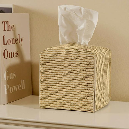 OLETHA Square Tissue Box Cover - Aesthetic Desk Decor for Room, Home & Office - Tissues Cube Boxes Holder - Rattan Textured, Set of 2