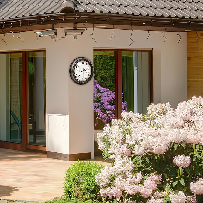 Outdoor Clock Thermometer Combo - Retro Silent Wall Clocks, 12Inch Large Indoor Outdoor Clock with Temperature and Humidity, Battery Operated Non Ticking Classic Vintage Clocks Wall Decorative