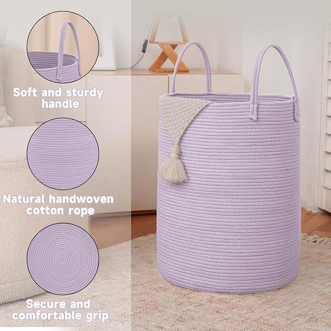 JMvicyroam Large Woven Laundry Basket Hamper,100L Cotton Rope Storage Bin for Blankets,Toys and Clothes,Decorative Tall Nursery Hamper for Living Room,Baby Nursery,Bathroom and Bedroom,Purple