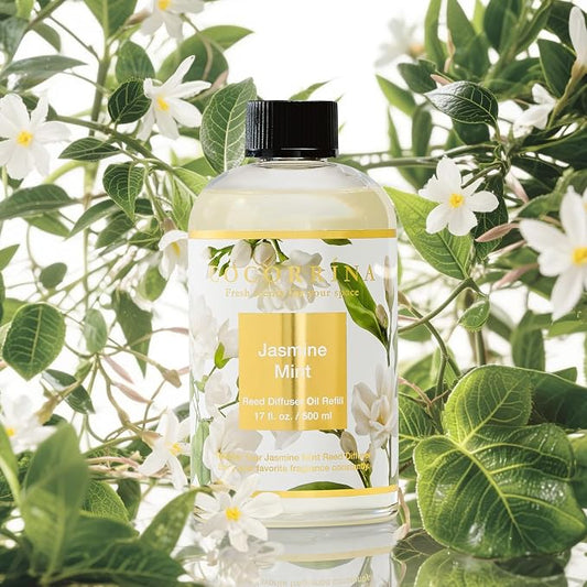 Cocorrína Reed Diffuser Refill Jasmine&Mint 17oz (500ml) with 8 Sticks - Premium Long-Lasting Scented Oil, Home Fragrance for Bedroom, Bathroom Home Decor