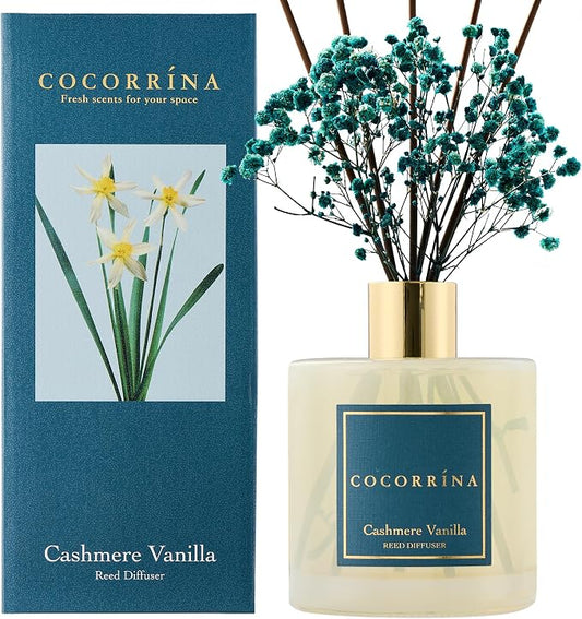 COCORRΓNA Reed Diffuser - Cashmere Vanilla 17 Fl.oz Reed Diffuser with 8 Sticks Scented Diffuser with Preserved Flowers for Bathroom Home Decor
